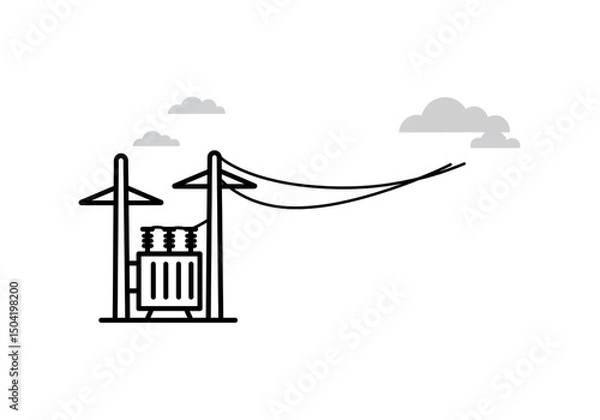 Fototapeta A simple illustration of a power transformer with poles and overhead lines against a cloudy sky backdrop