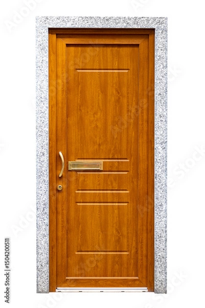 Fototapeta Modern Wooden Front Door with Brass Hardware and Stone Frame,  isolated, transparent background, png