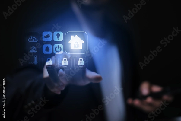 Fototapeta Business person using digital dashboard of smart home app for control home appliances. Technology assistant for smart devices, intelligent house or smart home technology.