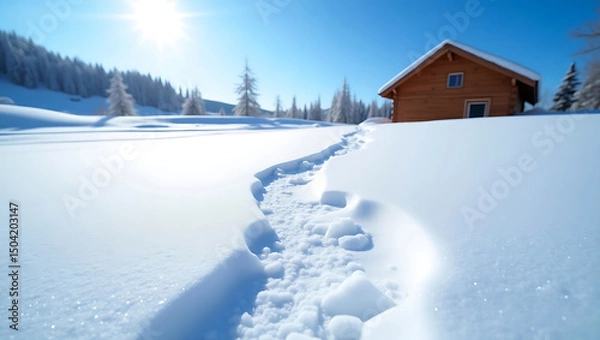 Obraz Tranquil Winter Landscape with Snow Patterns and Sunlit Cabin Roof Under Clear Blue Sky