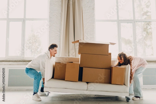 Fototapeta Happy young family couple man and woman push sofa with cardboard boxes in new home. Moving delivery concept.