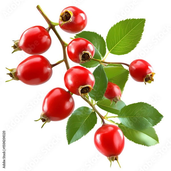 Obraz Red Rosehips on Branch with Green Leaves isolated on transparent background