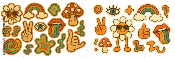 Fototapeta Vibrant collection of retro-style stickers featuring plants, rainbows, and playful characters