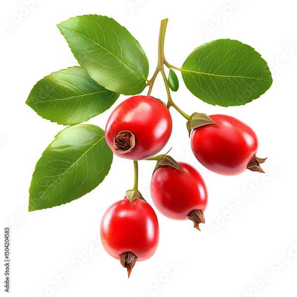 Obraz Branch of Rosehips with Green Leaves isolated on transparent background