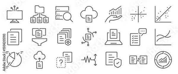 Fototapeta Data driven icon set. It includes file, folder, cloud, server, transaction, and more icons. Editable Vector Stroke.
