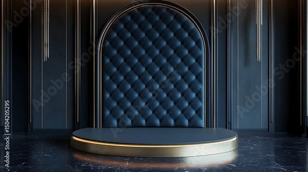 Fototapeta Luxurious blue stage with diamond patterned backdrop and golden accents for presentation