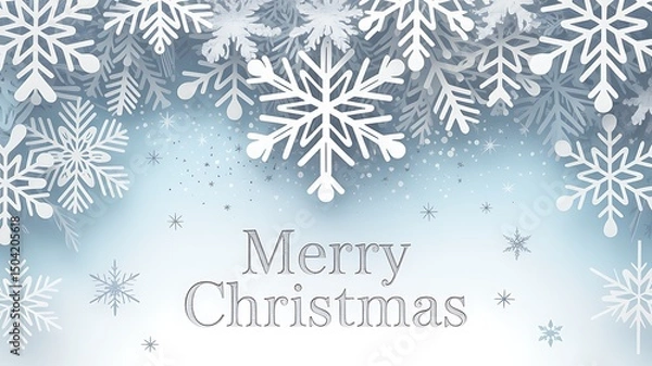 Fototapeta Merry Christmas greeting card with elegant white snowflakes on a light blue background.