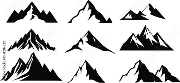 Fototapeta Isolated black and white vector of mountain tips with minimal line art, rugged and simple for nature and exploration themes.”