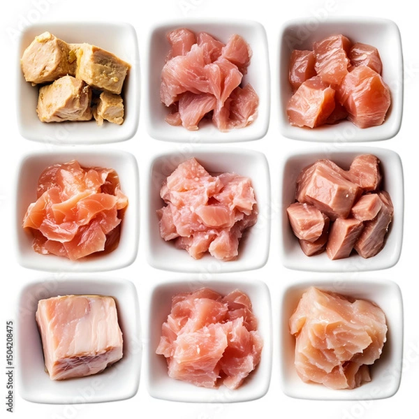 Obraz Assorted Canned and Fresh Tuna in White Bowls isolated on transparent background