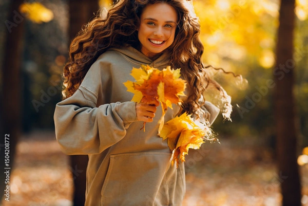 Fototapeta Smiling young woman enjoys the autumn weather in the forest with the yellow leaves at sunset