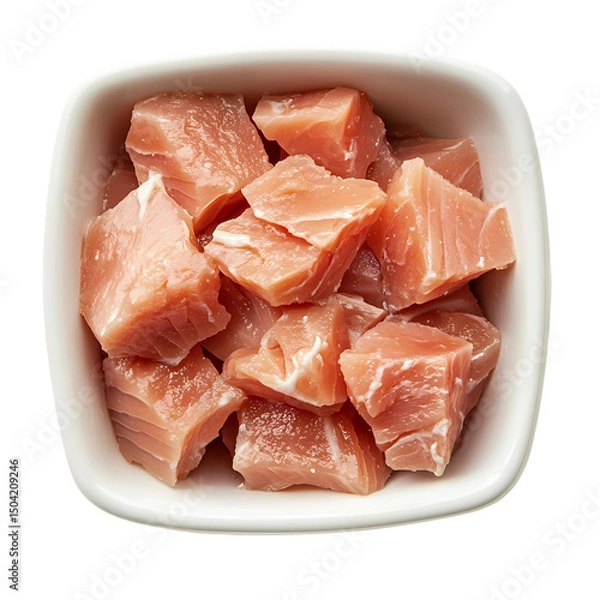 Obraz Bowl of Diced Salmon Pieces isolated on transparent background