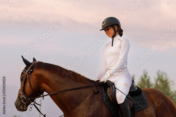 Fototapeta Side view of chestnut horse in harness with female rider jockey in hat helmet and white uniform with bridle stack and boots