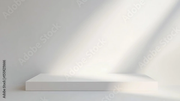 Fototapeta Minimalist white product display pedestal with sunlight shadow for product presentation