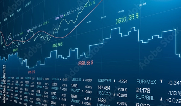 Fototapeta Abstract charts, graphs, lines and stock market data. Business, trading, investment, growth, progress, risk, volatility, chance, price. 3D illustration