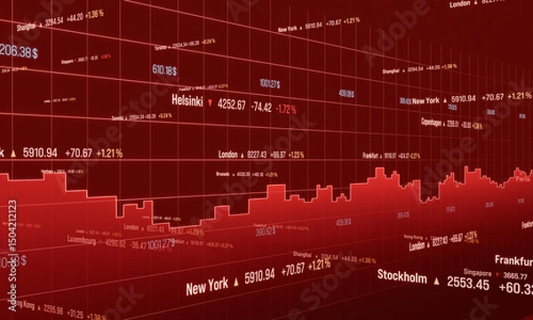 Fototapeta Futuristic ticker board with charts and market data in red. Stock market and exchange, risk, invest, banking, trading, volatility. 3D illustration