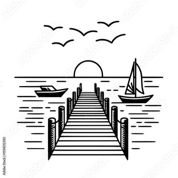 Obraz Scenic pier with boats and sunset in outline vector design  