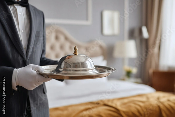 Fototapeta Butler serving meal with elegance in luxury suite. Room service at premium accommodation concept.
