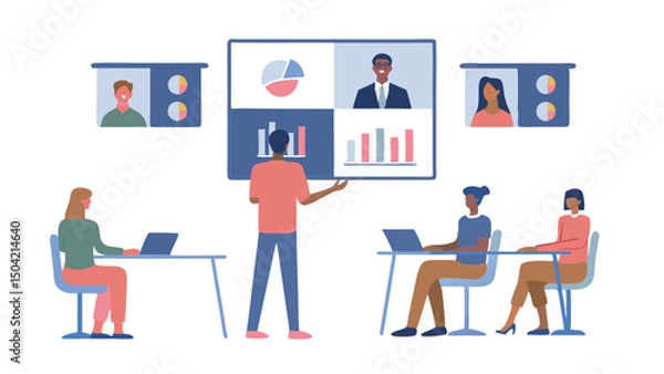 Fototapeta A presentation with charts and graphs being shown to a group of people working on their laptops online