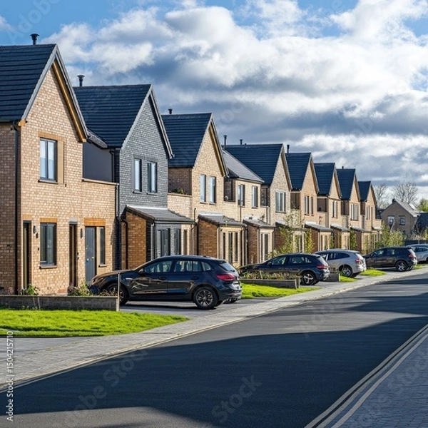 Fototapeta Row of identical new-build homes in a UK estate development with cars in driveways