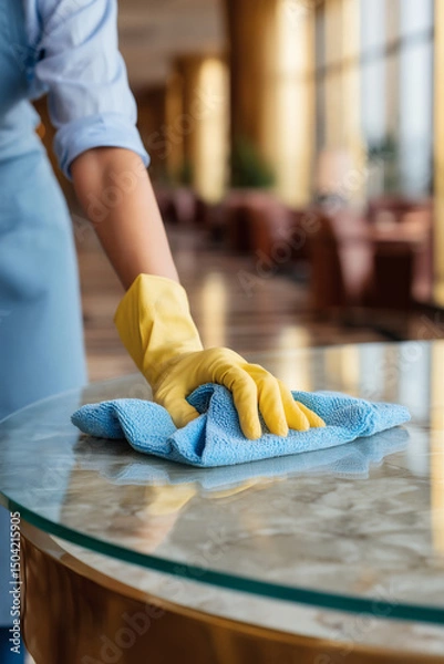 Fototapeta Cleaning service wiping down a glossy table with a blue microfiber cloth and yellow gloves.