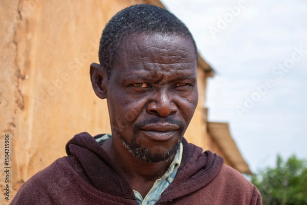 Fototapeta Portrait of a real elderly African man with deep wrinkles and expressive eyes. A natural and emotional image capturing human strength, wisdom, and timeless character.