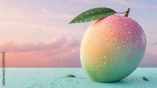 Fototapeta Imaginative fruit pastel, Surreal dream tone backgrounds. A colorful mango with dew drops sits on a surface against a soft, dreamy background.