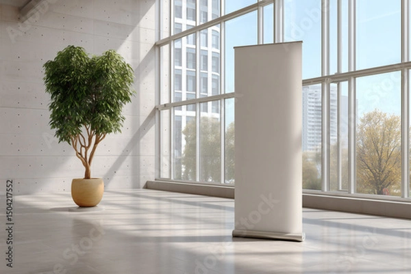 Fototapeta Blank banner stand near a window in a spacious, modern office with a tree. Interior advertising space.