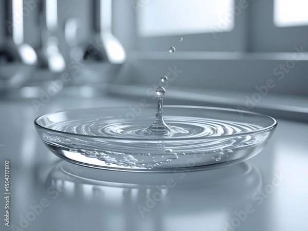 Fototapeta Water droplet impact: A clear glass dish captures the precise moment a water droplet collides with the water's surface.