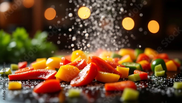 Obraz Colorful Sautéed Vegetables with Falling Salt – Dynamic Close-Up of Fresh Cooking in Warm Kitchen Light