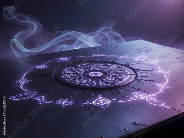 Fototapeta Mystical Chamber: An ancient stone altar pulsates with mystical energy, illuminated by ethereal smoke, creating a sense of intrigue and wonder in a dimly lit chamber.