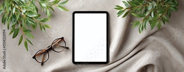 Obraz Blank e-reader screen with reading glasses for book cover mockup – modern reading with blank e-reader screen and reading glasses – lifestyle concept featuring blank e-reader screen with reading.