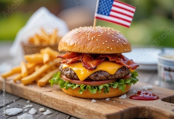 Obraz Juicy Bacon Cheeseburger with Crispy Fries and American Flag Picnic