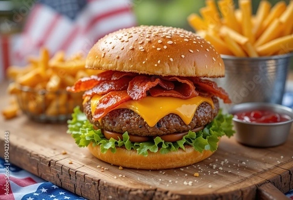 Obraz Juicy Bacon Cheeseburger with Crispy French Fries on Rustic Wooden Board