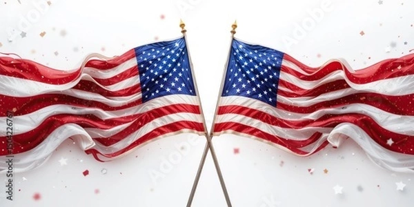 Obraz Celebrating American Patriotism: Two Majestic US Flags Waving Gracefully in a Festive Display