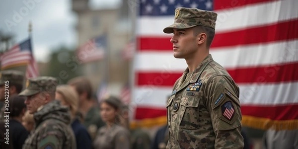 Obraz A Young Soldier Stands Proudly in Uniform Before American Flags at a Ceremony