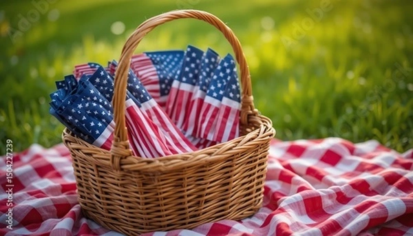 Obraz Patriotic Picnic Basket with American Flags on a Red and White Checkered Blanket Outdoors