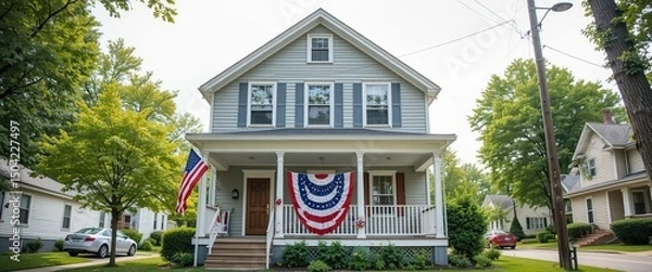 Obraz American Flag Decorated House on a Sunny Day in a Suburban Neighborhood
