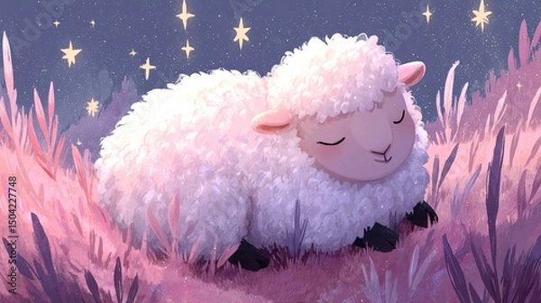 Fototapeta Peaceful Sheep Sleeping on Pastel Grass Under Starry Sky