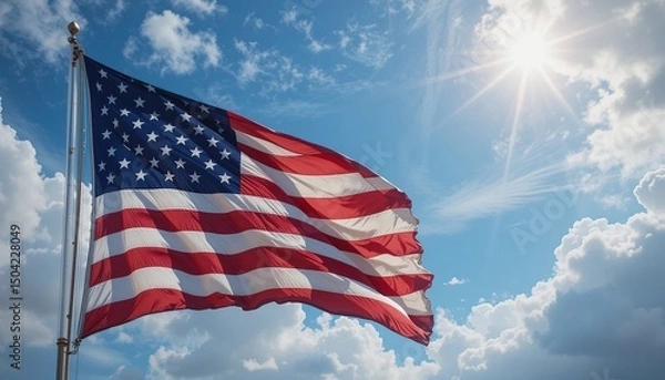 Obraz Majestic American Flag Waving under a Bright Sunny Sky