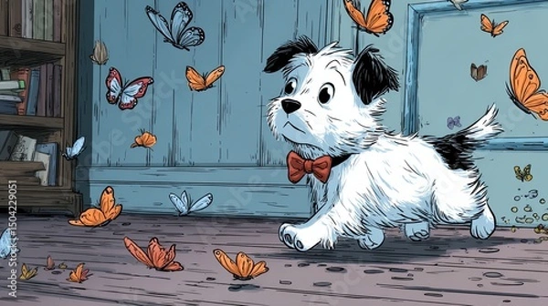 Fototapeta Playful Puppy Chasing Butterflies in Room