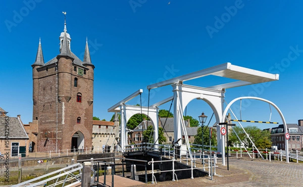 Obraz Drawbridge and the city gate at the old harbor in Zieriksee, province of Zeeland, The Netherlands