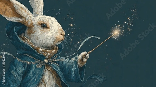 Fototapeta Enchanting Rabbit Wizard with Sparkling Wand in Fantasy Costume