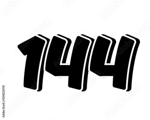Fototapeta Stylized black number 144 on transparent background, with a bold, 3D appearance and shadow effects for added depth and dimension.