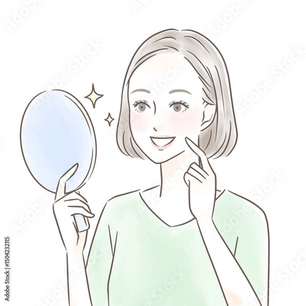 Obraz 手鏡を見て綺麗な歯に感動する女性