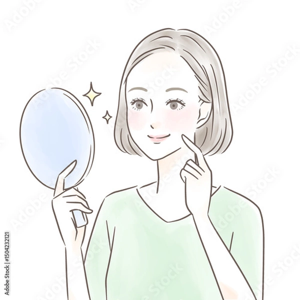 Obraz 手鏡を見て綺麗な肌に感動する女性