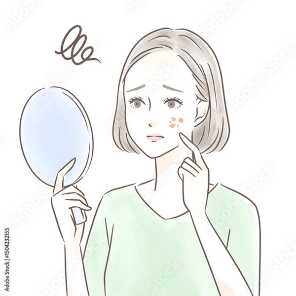 Obraz 手鏡を見ながらシミについて悩む女性
