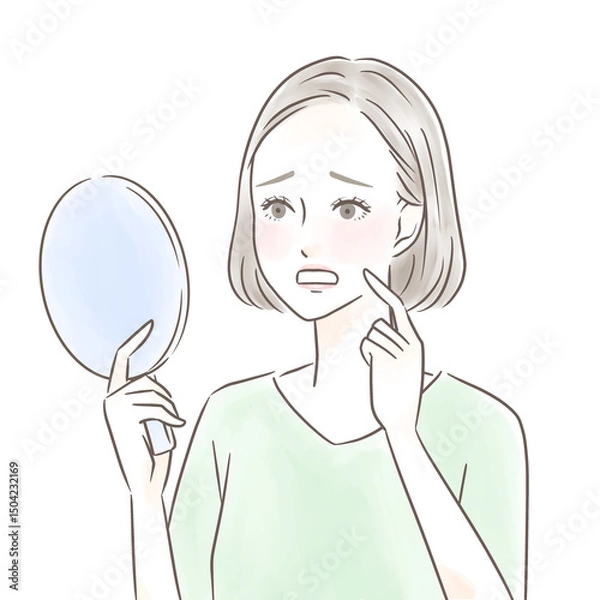 Obraz 手鏡を見て口の中のトラブルにショックを受ける女性