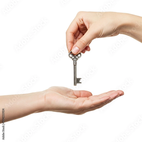 Fototapeta Hand holds key over open palm isolated on transparent background