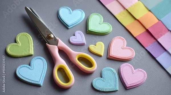 Fototapeta Cute Scissors and Heart Paper Craft Set for Kawaii Style Projects
