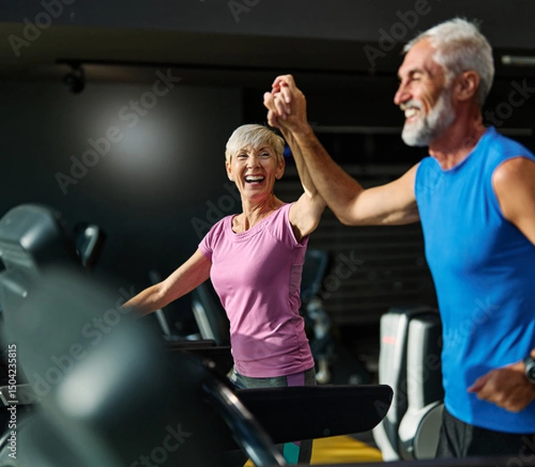 Fototapeta Portrait of a senior woman exercising in a gym, mature couple running using threadmill machine equipment, healthy lifestyle and cardio exercise at fitness club concepts, vitality and active senior, co